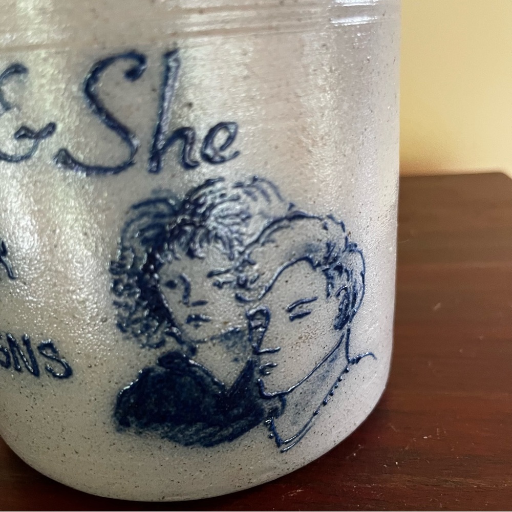1988 Rockdale Union Stoneware Salt Glaze Crock Salon He She Hair Designs - Picture 4 of 7